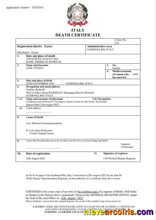 Italy vital record death certificate